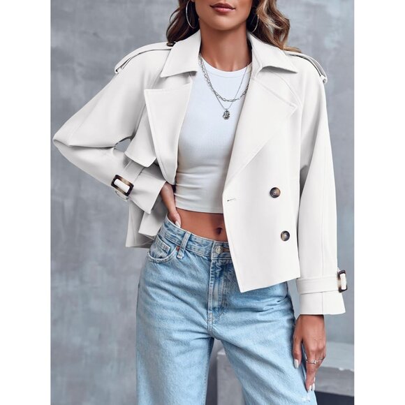 Women's White Crop Double Breasted Trench Coat Raglan Sleeve Cropped Jacket - Picture 2 of 6